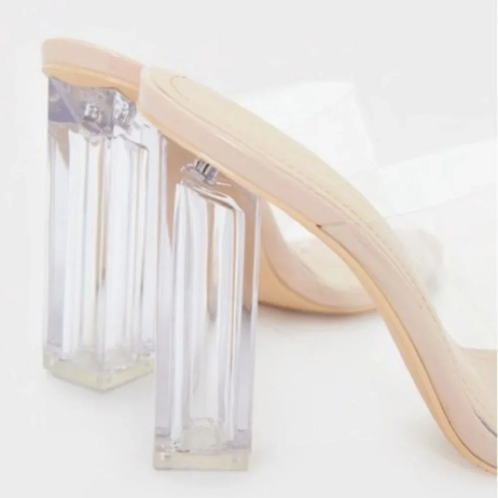 !! RESTOCKED !! Transparent Peep Toe Block Mule Heels in Nude - Picture 6 of 9
